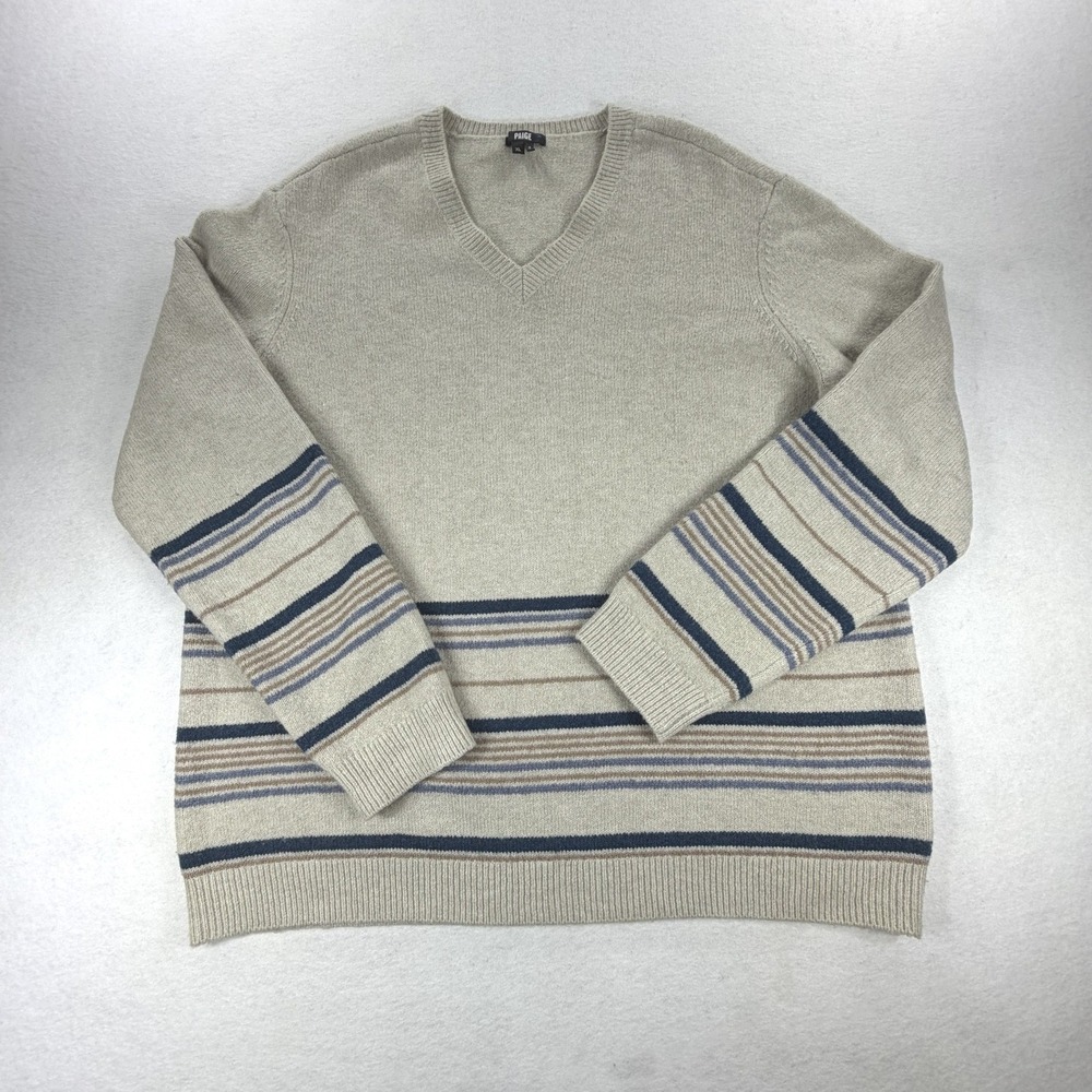 Paige Mens V-Neck Sweater Desert Morning Grey Striped Camel Wool M004J41-5096 XL